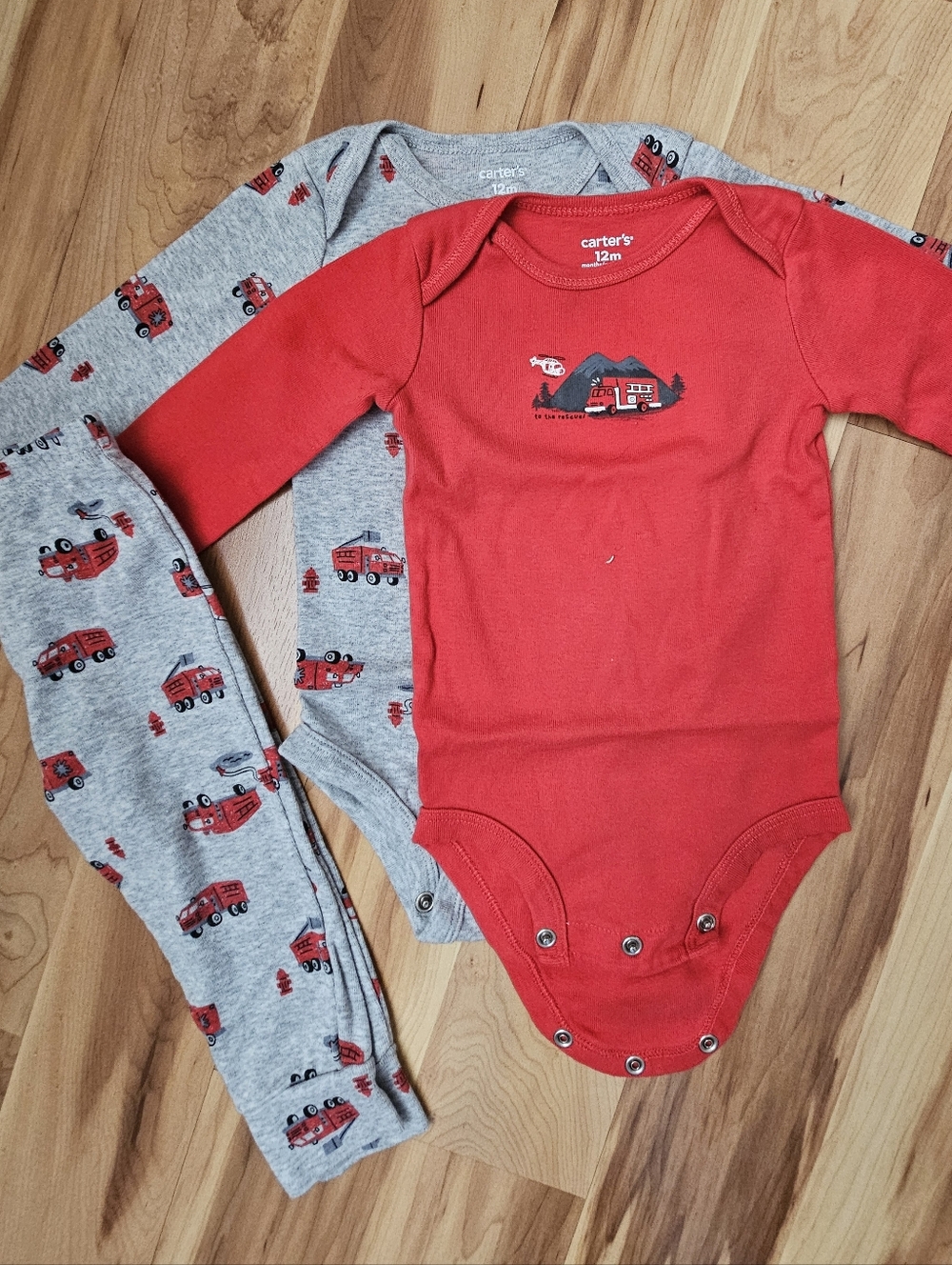 Carter's Red Firetruck Baby Three Piece Set Long Sleeve Onesies and Pants - 12M